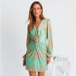 Crishelle Twisted Front Metallic Plisse Mini Dress - Mint